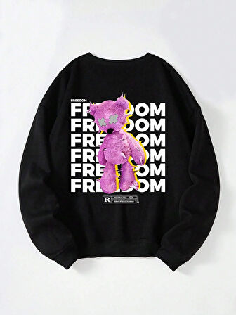 Unisex Oversize Bisiklet Yaka Basic Freedom Baskılı Sweatshirt - SİYAH