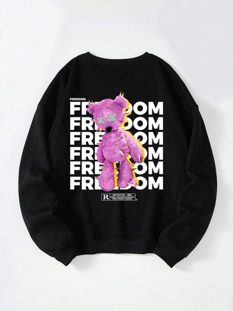 Unisex Oversize Bisiklet Yaka Basic Freedom Baskılı Sweatshirt - SİYAH