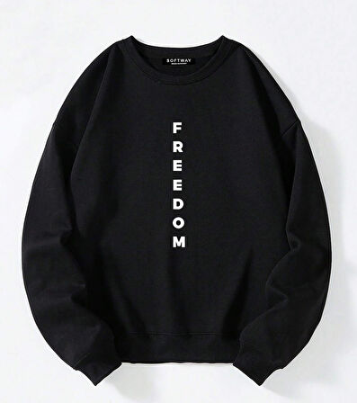 Unisex Oversize Bisiklet Yaka Basic Freedom Baskılı Sweatshirt - SİYAH
