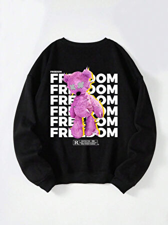 Unisex Oversize Bisiklet Yaka Basic Freedom Baskılı Sweatshirt - SİYAH