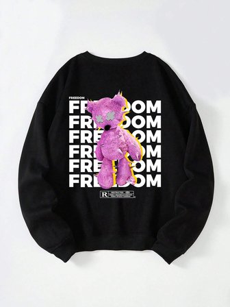 Unisex Oversize Bisiklet Yaka Basic Freedom Baskılı Sweatshirt - SİYAH