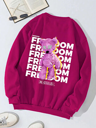 Unisex Oversize Bisiklet Yaka Basic Freedom Baskılı Sweatshirt - FUŞYA