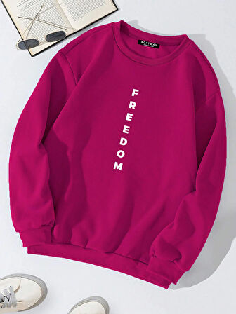 Unisex Oversize Bisiklet Yaka Basic Freedom Baskılı Sweatshirt - FUŞYA