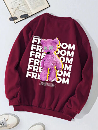 Unisex Oversize Bisiklet Yaka Basic Freedom Baskılı Sweatshirt - BORDO
