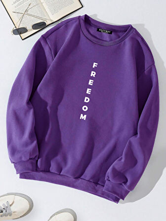 Unisex Oversize Bisiklet Yaka Basic Freedom Baskılı Sweatshirt - MOR