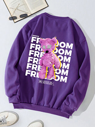 Unisex Oversize Bisiklet Yaka Basic Freedom Baskılı Sweatshirt - MOR