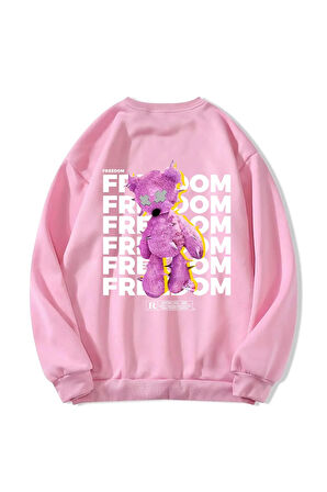 Unisex Oversize Bisiklet Yaka Basic Freedom Baskılı Sweatshirt - PEMBE