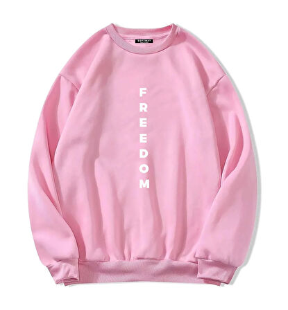 Unisex Oversize Bisiklet Yaka Basic Freedom Baskılı Sweatshirt - PEMBE