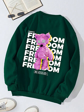 Unisex Oversize Bisiklet Yaka Basic Freedom Baskılı Sweatshirt - KOYU YEŞİL