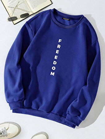 Unisex Oversize Bisiklet Yaka Basic Freedom Baskılı Sweatshirt - SAKS MAVİSİ