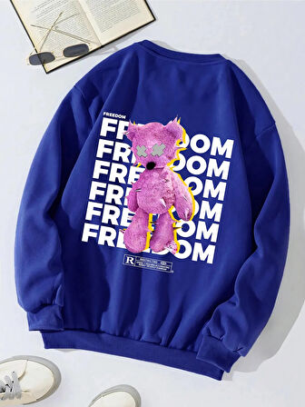 Unisex Oversize Bisiklet Yaka Basic Freedom Baskılı Sweatshirt - SAKS MAVİSİ