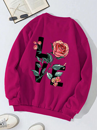 Unisex Oversize Bisiklet Yaka Basic Rose Love Baskılı Sweatshirt - FUŞYA
