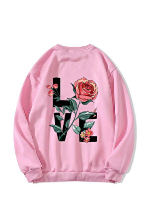 Unisex Oversize Bisiklet Yaka Basic Rose Love Baskılı Sweatshirt - PEMBE