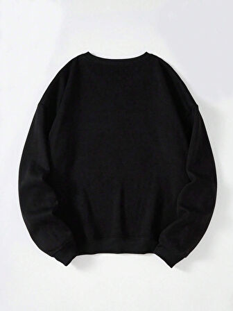 Unisex Oversize Bisiklet Yaka Basic Hang Loose Baskılı Sweatshirt - SİYAH