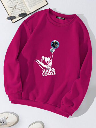 Unisex Oversize Bisiklet Yaka Basic Hang Loose Baskılı Sweatshirt - FUŞYA