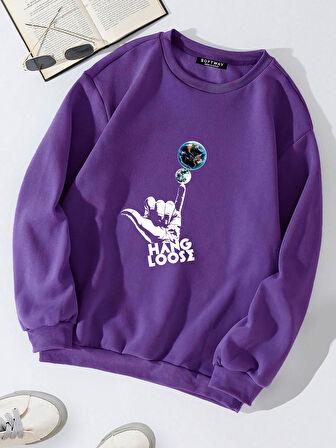 Unisex Oversize Bisiklet Yaka Basic Hang Loose Baskılı Sweatshirt - MOR