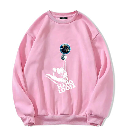 Unisex Oversize Bisiklet Yaka Basic Hang Loose Baskılı Sweatshirt - PEMBE