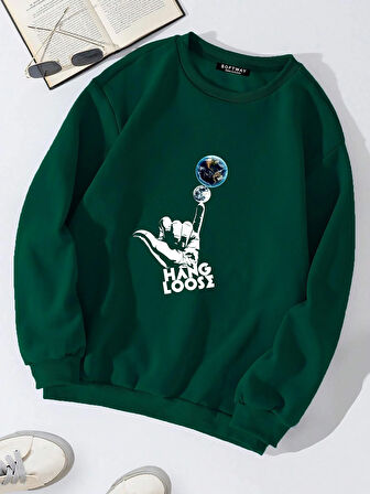 Unisex Oversize Bisiklet Yaka Basic Hang Loose Baskılı Sweatshirt - KOYU YEŞİL