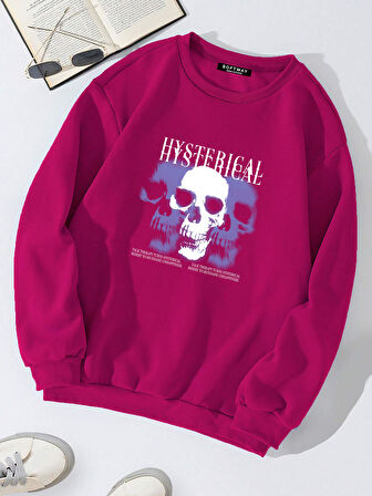 Unisex Oversize Bisiklet Yaka Basic Hystarigal Baskılı Sweatshirt - FUŞYA