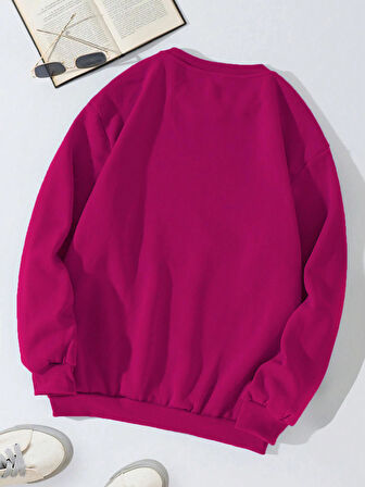 Unisex Oversize Bisiklet Yaka Basic Hystarigal Baskılı Sweatshirt - FUŞYA