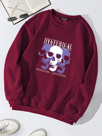 Unisex Oversize Bisiklet Yaka Basic Hystarigal Baskılı Sweatshirt - BORDO