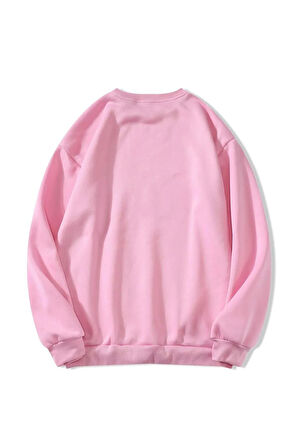 Unisex Oversize Bisiklet Yaka Basic Hystarigal Baskılı Sweatshirt - PEMBE