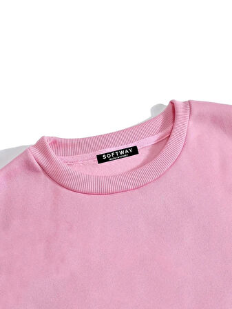 Unisex Oversize Bisiklet Yaka Basic Hystarigal Baskılı Sweatshirt - PEMBE