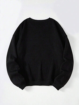 Unisex Oversize Bisiklet Yaka Basic Three Love Baskılı Sweatshirt - SİYAH