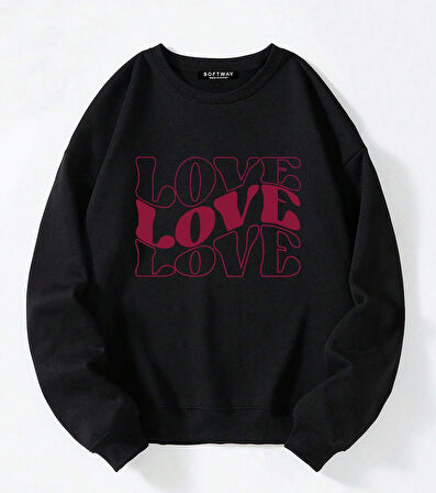 Unisex Oversize Bisiklet Yaka Basic Three Love Baskılı Sweatshirt - SİYAH