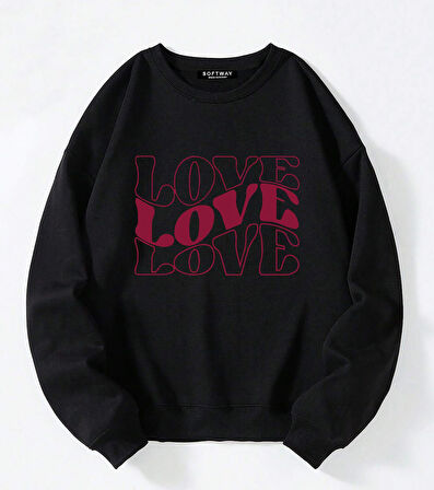 Unisex Oversize Bisiklet Yaka Basic Three Love Baskılı Sweatshirt - SİYAH