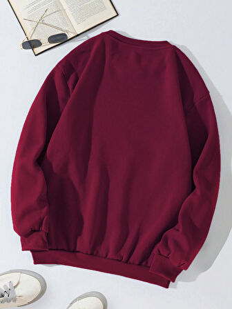 Unisex Oversize Bisiklet Yaka Basic Three Love Baskılı Sweatshirt - BORDO
