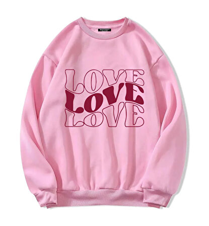 Unisex Oversize Bisiklet Yaka Basic Three Love Baskılı Sweatshirt - PEMBE