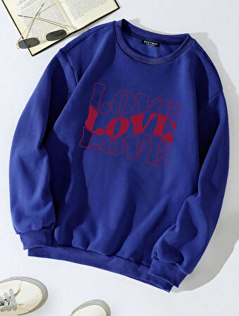 Unisex Oversize Bisiklet Yaka Basic Three Love Baskılı Sweatshirt - SAKS MAVİSİ