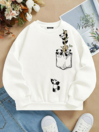 Unisex Oversize Bisiklet Yaka Basic Climbing Panda Baskılı Sweatshirt - EKRU