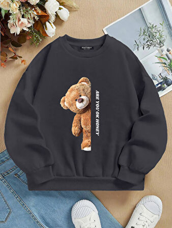 Unisex Oversize Bisiklet Yaka Basic Are You Ok Honey Baskılı Sweatshirt - FÜME