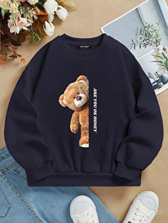 Unisex Oversize Bisiklet Yaka Basic Are You Ok Honey Baskılı Sweatshirt - LACİVERT