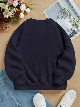 Unisex Oversize Bisiklet Yaka Basic Are You Ok Honey Baskılı Sweatshirt - LACİVERT