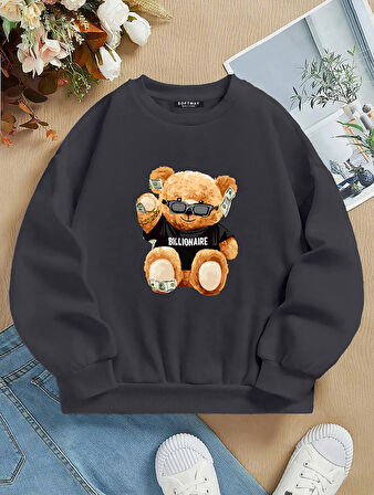 Unisex Oversize Bisiklet Yaka Basic Billionarie Baskılı Sweatshirt - FÜME