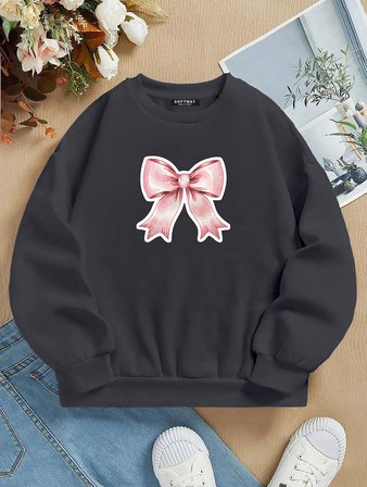Unisex Oversize Bisiklet Yaka Basic Powder Pink Ribbom Baskılı Sweatshirt - FÜME