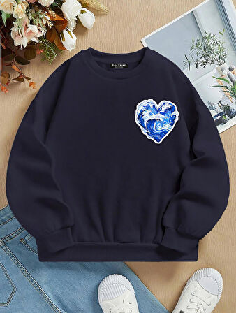 Unisex Oversize Bisiklet Yaka Basic Ocean Heart Baskılı Sweatshirt - LACİVERT
