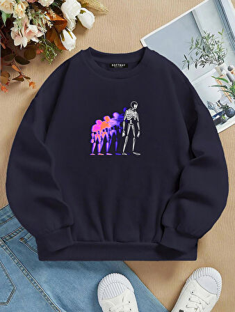 Unisex Oversize Bisiklet Yaka Basic Colorful Skeleton Baskılı Sweatshirt - LACİVERT