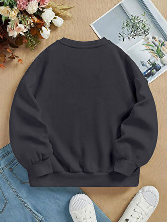 Unisex Oversize Bisiklet Yaka Basic Heiparman Panda Baskılı Sweatshirt - FÜME