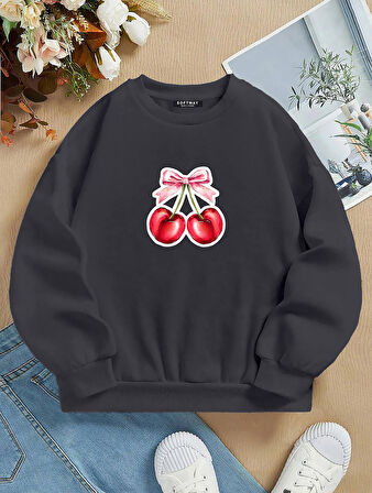 Unisex Oversize Bisiklet Yaka Basic Ribbom Cherry Baskılı Sweatshirt - FÜME