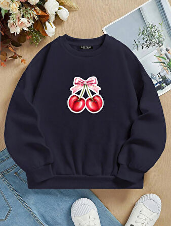 Unisex Oversize Bisiklet Yaka Basic Ribbom Cherry Baskılı Sweatshirt - LACİVERT