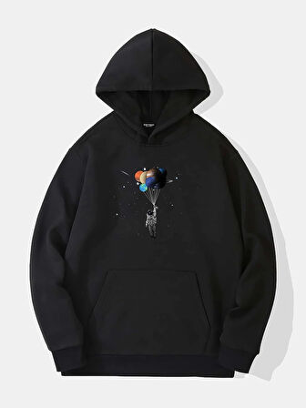 Unisex Balloon Astronaut Baskılı Kapüşonlu İçi Yumuşak Polarlı Oversize Sweatshirt - SİYAH