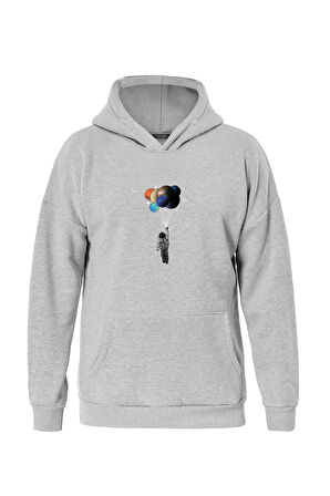 Unisex Balloon Astronaut Baskılı Kapüşonlu İçi Yumuşak Polarlı Oversize Sweatshirt - GRİ