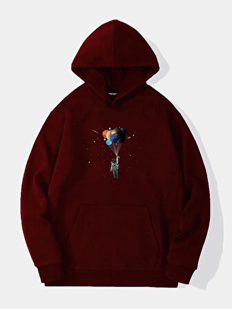 Unisex Balloon Astronaut Baskılı Kapüşonlu İçi Yumuşak Polarlı Oversize Sweatshirt - BORDO