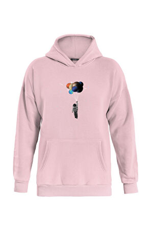 Unisex Balloon Astronaut Baskılı Kapüşonlu İçi Yumuşak Polarlı Oversize Sweatshirt - PEMBE