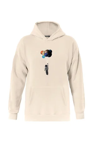 Unisex Balloon Astronaut Baskılı Kapüşonlu İçi Yumuşak Polarlı Oversize Sweatshirt - BEJ