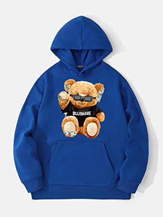 Unisex Billionarie Baskılı Kapüşonlu İçi Yumuşak Polarlı Oversize Sweatshirt - SAKS MAVİSİ